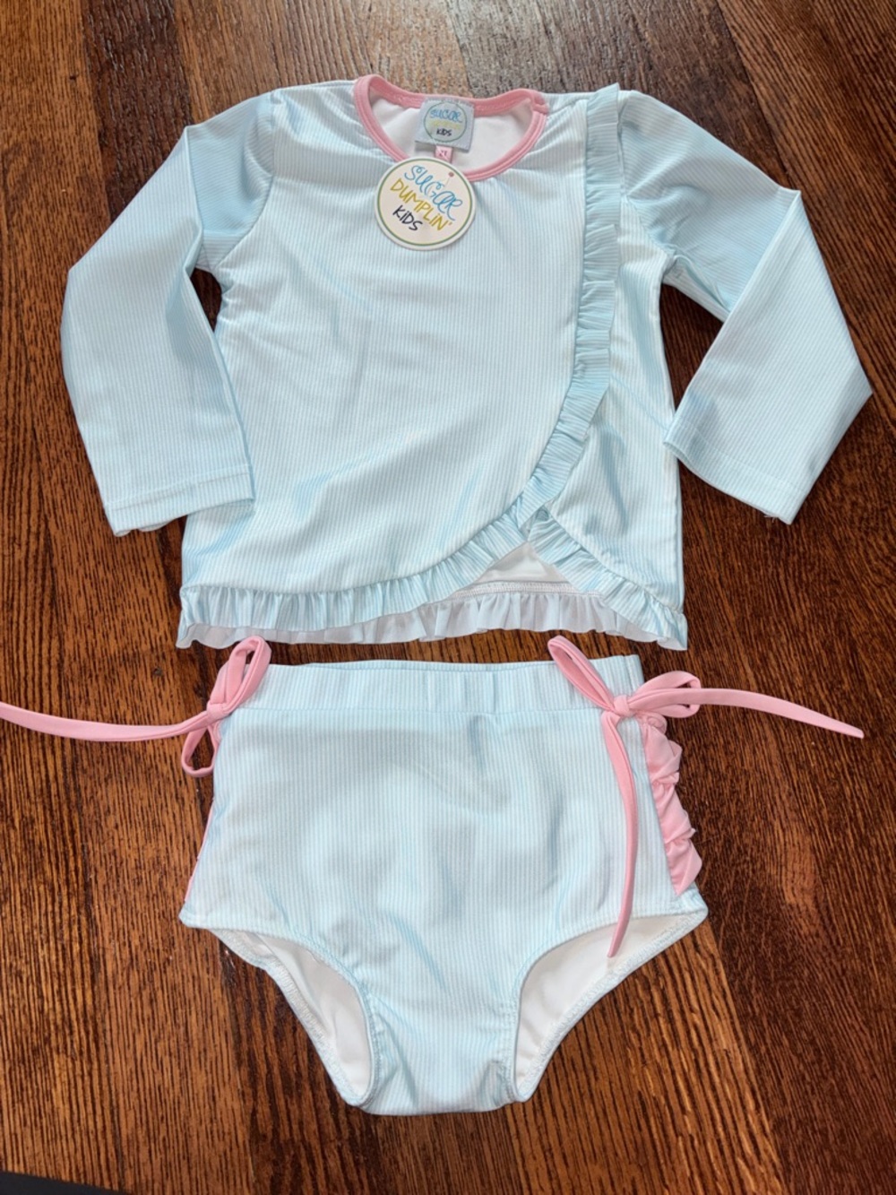 Sugar Dumplin’ Light Blue Long-Sleeve Rash Guard Set with Pink Trim
